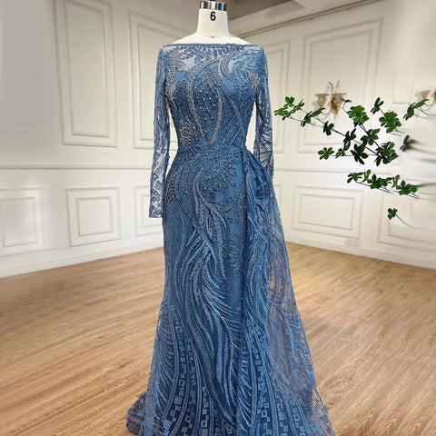 Luxury Dubai Blue Mermaid Muslim Evening Dress Overskirt Long Sleeve LA71829