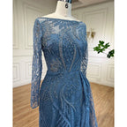 Luxury Dubai Blue Mermaid Muslim Evening Dress Overskirt Long Sleeve LA71829