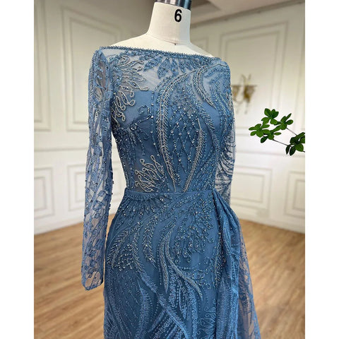 Luxury Dubai Blue Mermaid Muslim Evening Dress Overskirt Long Sleeve LA71829
