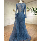 Luxury Dubai Blue Mermaid Muslim Evening Dress Overskirt Long Sleeve LA71829