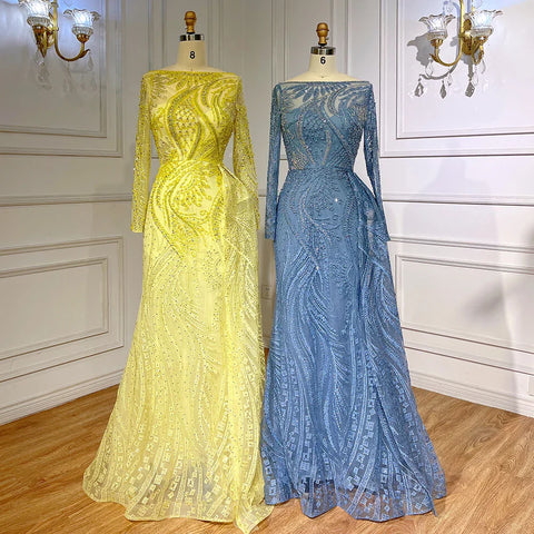 Luxury Dubai Blue Mermaid Muslim Evening Dress Overskirt Long Sleeve LA71829