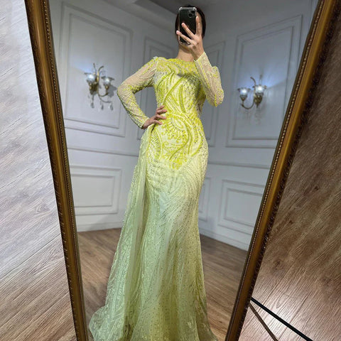 Luxury Dubai Blue Mermaid Muslim Evening Dress Overskirt Long Sleeve LA71829