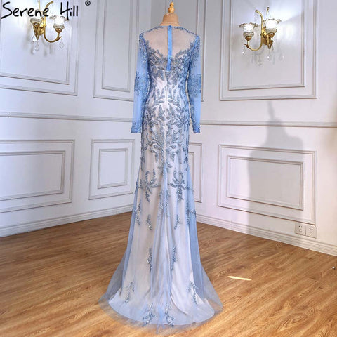Muslim Blue Mermaid Evening Dresses Gowns 2025 Luxury Elegant Beaded For Women Party LA71479
