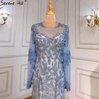 Muslim Blue Mermaid Evening Dresses Gowns 2025 Luxury Elegant Beaded For Women Party LA71479