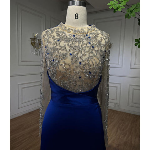 Muslim Blue Mermaid Luxury Beaded Arabic Elegant Long Evening Dresses Gowns For Women Wedding Party 2025 LA72107