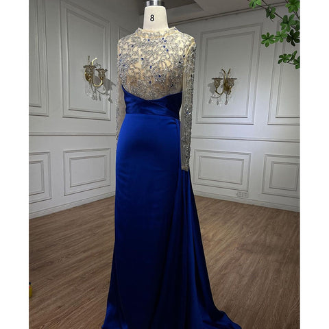 Muslim Blue Mermaid Luxury Beaded Arabic Elegant Long Evening Dresses Gowns For Women Wedding Party 2025 LA72107