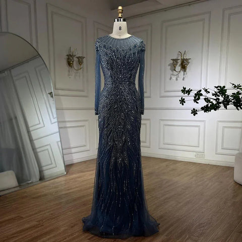 Muslim Blue Mermaid Luxury Beaded Dubai Long Evening Dresses Gowns for Women Wedding Party 2025 LA71999L