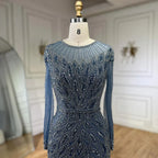 Muslim Blue Mermaid Luxury Beaded Dubai Long Evening Dresses Gowns for Women Wedding Party 2025 LA71999L