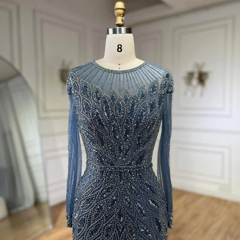Muslim Blue Mermaid Luxury Beaded Dubai Long Evening Dresses Gowns for Women Wedding Party 2025 LA71999L