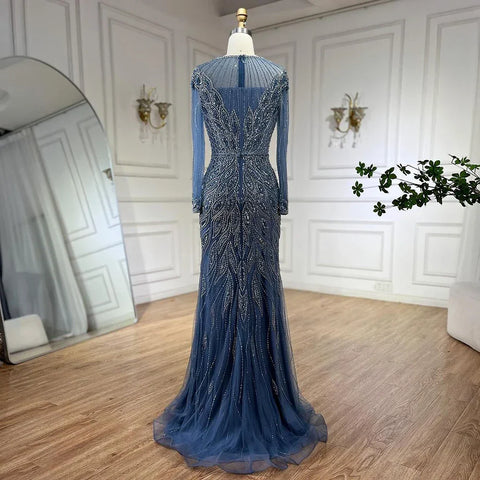 Muslim Blue Mermaid Luxury Beaded Dubai Long Evening Dresses Gowns for Women Wedding Party 2025 LA71999L