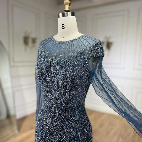Muslim Blue Mermaid Luxury Beaded Dubai Long Evening Dresses Gowns for Women Wedding Party 2025 LA71999L