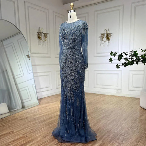 Muslim Blue Mermaid Luxury Beaded Dubai Long Evening Dresses Gowns for Women Wedding Party 2025 LA71999L