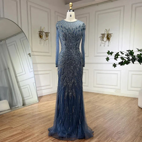 Muslim Blue Mermaid Luxury Beaded Dubai Long Evening Dresses Gowns for Women Wedding Party 2025 LA71999L