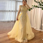 Muslim Blue Mermaid Over Skirt Evening Dresses Beads Puff Shoulder  Formal Gowns 2025 For Women Party LA72030