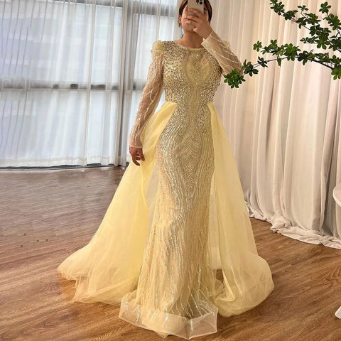 Muslim Blue Mermaid Over Skirt Evening Dresses Beads Puff Shoulder  Formal Gowns 2025 For Women Party LA72030