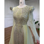 Muslim Blue Mermaid Over Skirt Evening Dresses Beads Puff Shoulder  Formal Gowns 2025 For Women Party LA72030