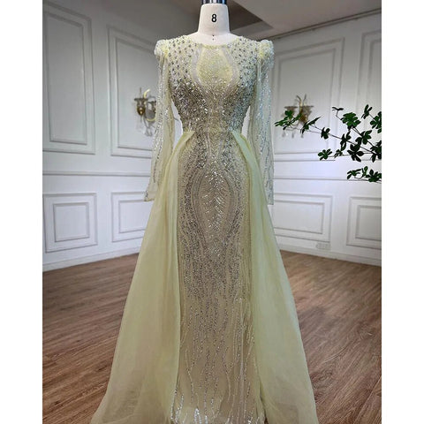 Muslim Blue Mermaid Over Skirt Evening Dresses Beads Puff Shoulder  Formal Gowns 2025 For Women Party LA72030