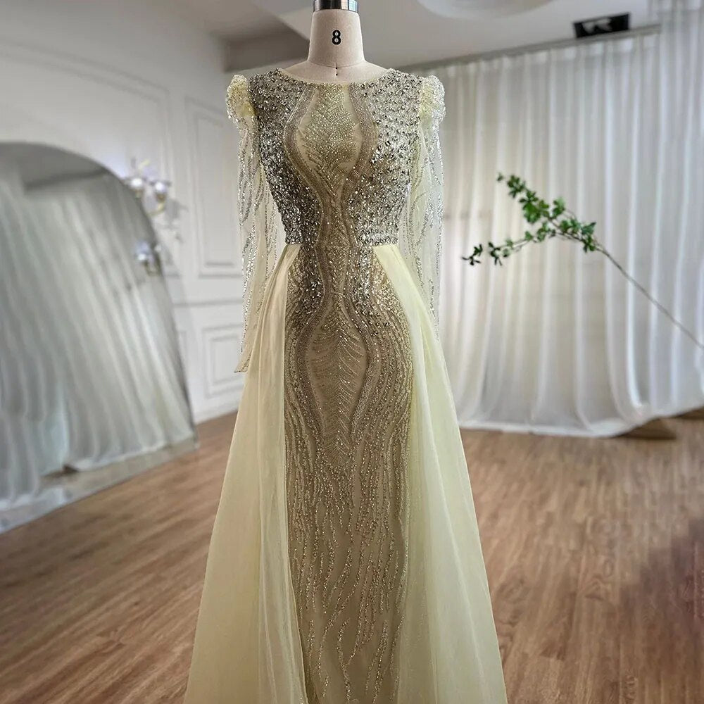 Muslim Blue Mermaid Over Skirt Evening Dresses Beads Puff Shoulder  Formal Gowns 2025 For Women Party LA72030