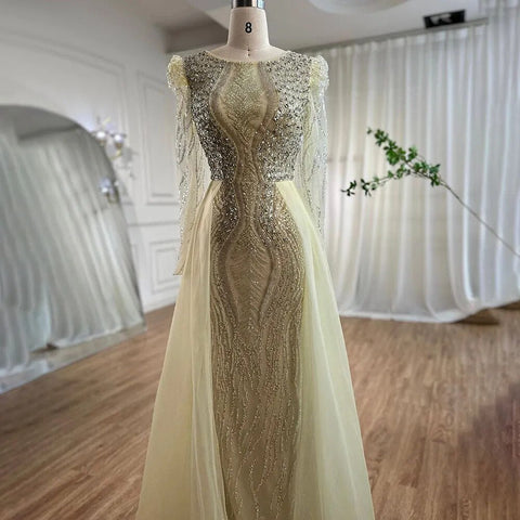 Muslim Blue Mermaid Over Skirt Evening Dresses Beads Puff Shoulder  Formal Gowns 2025 For Women Party LA72030