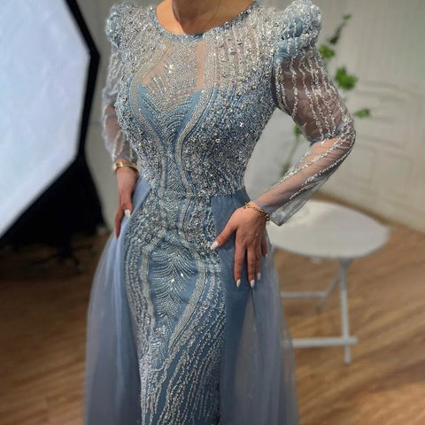 Muslim Blue Mermaid Over Skirt Evening Dresses Beads Puff Shoulder  Formal Gowns 2025 For Women Party LA72030