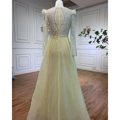 Muslim Blue Mermaid Over Skirt Evening Dresses Beads Puff Shoulder  Formal Gowns 2025 For Women Party LA72030