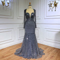 Muslim Blue Mermaid Sparkle Sequin Beaded Luxury Evening Dresses Gowns For Women Wedding Party 2025 LA71486