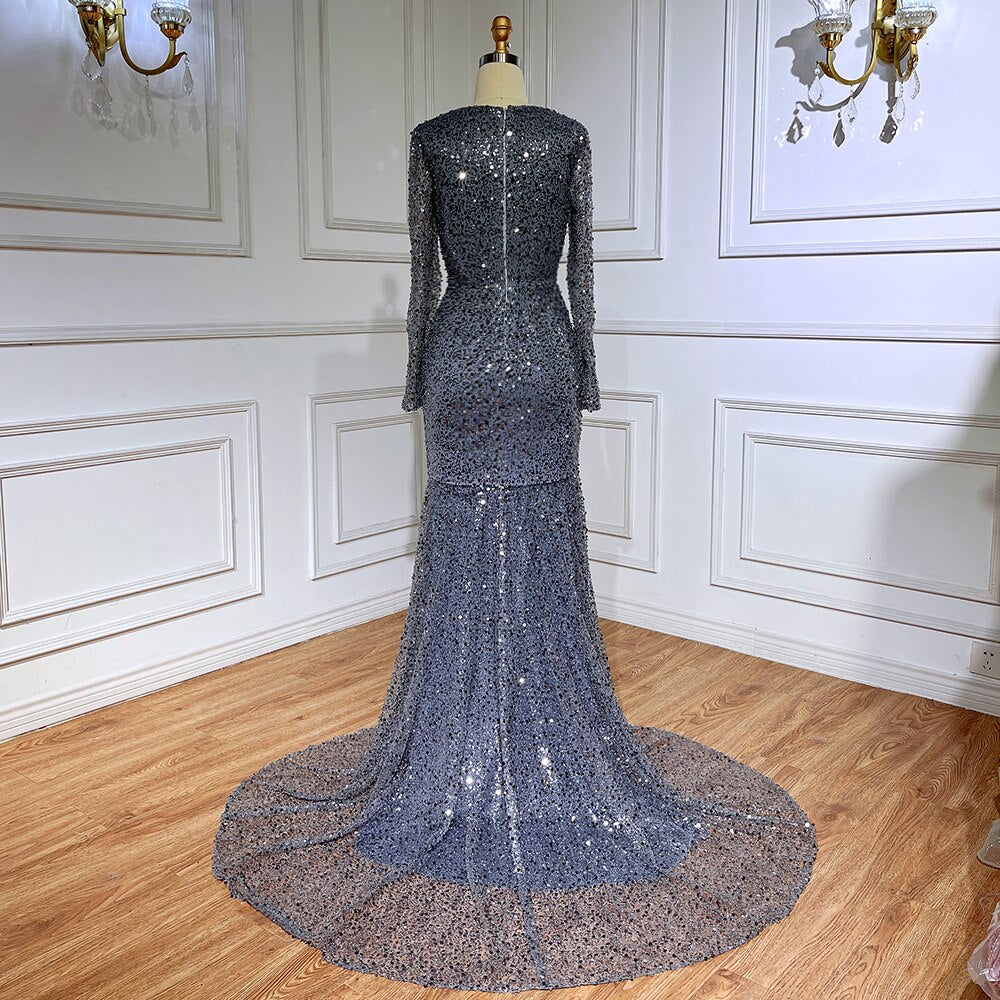 Muslim Blue Mermaid Sparkle Sequin Beaded Luxury Evening Dresses Gowns For Women Wedding Party 2025 LA71486