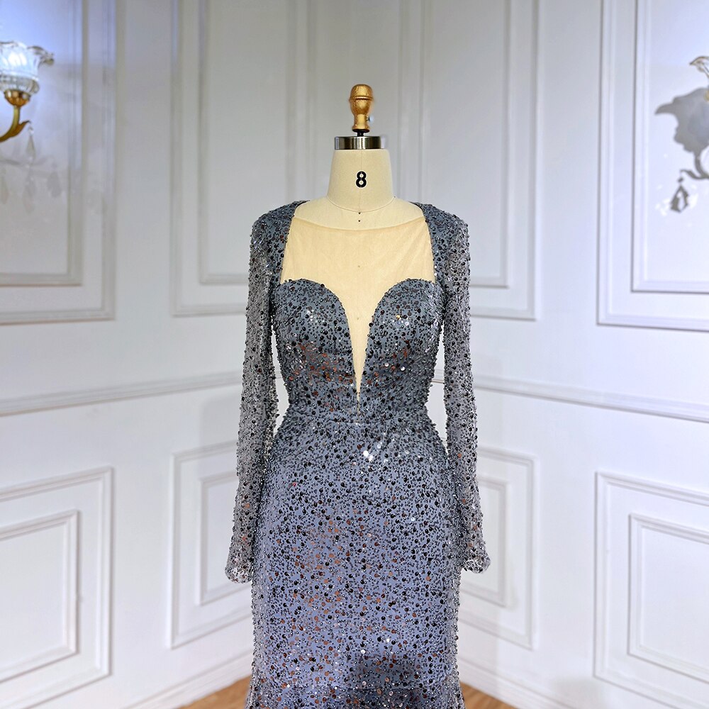 Muslim Blue Mermaid Sparkle Sequin Beaded Luxury Evening Dresses Gowns For Women Wedding Party 2025 LA71486