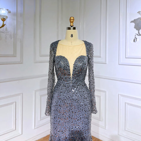 Muslim Blue Mermaid Sparkle Sequin Beaded Luxury Evening Dresses Gowns For Women Wedding Party 2025 LA71486