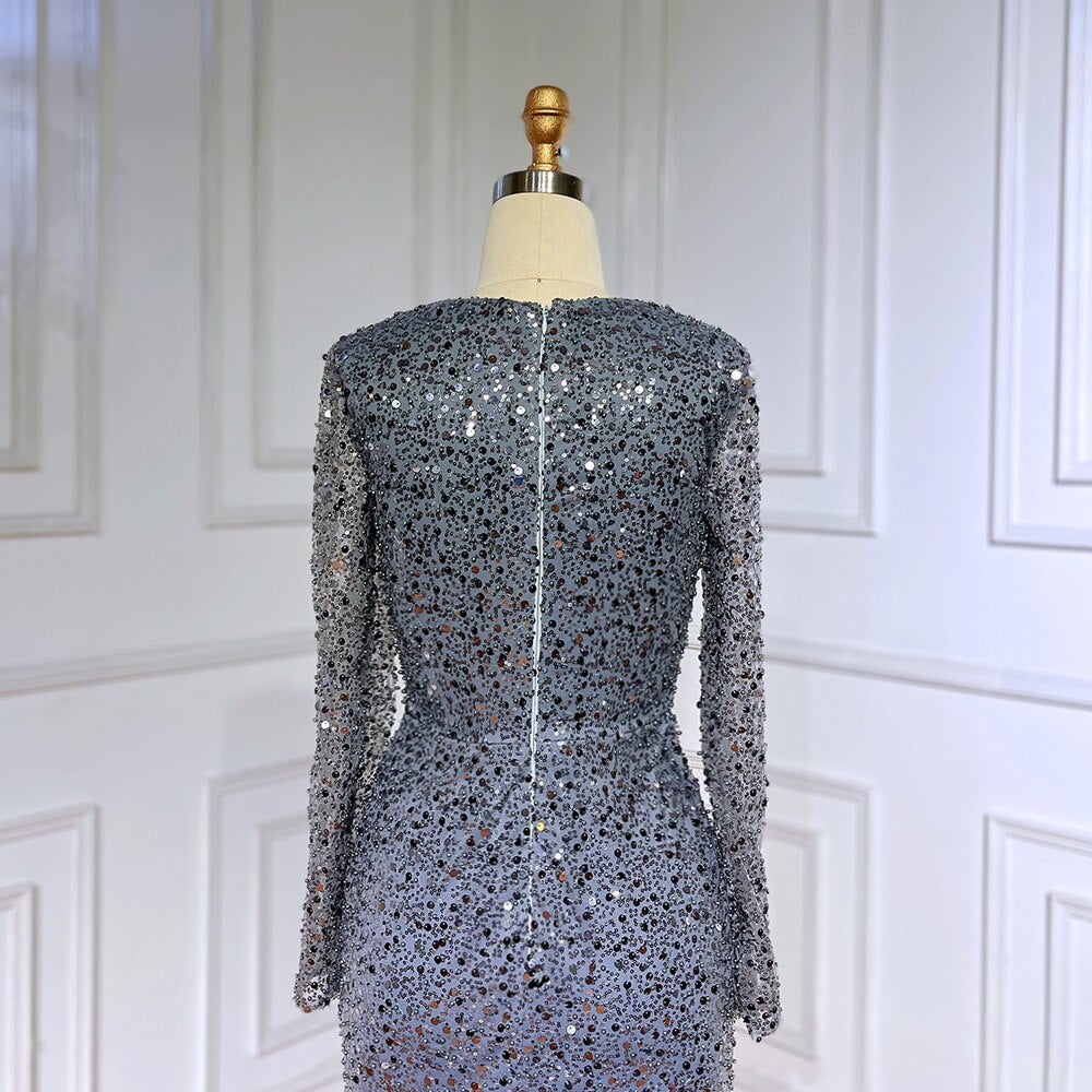 Muslim Blue Mermaid Sparkle Sequin Beaded Luxury Evening Dresses Gowns For Women Wedding Party 2025 LA71486