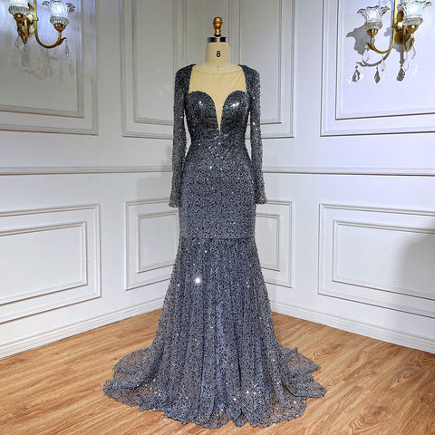 Muslim Blue Mermaid Sparkle Sequin Beaded Luxury Evening Dresses Gowns For Women Wedding Party 2025 LA71486