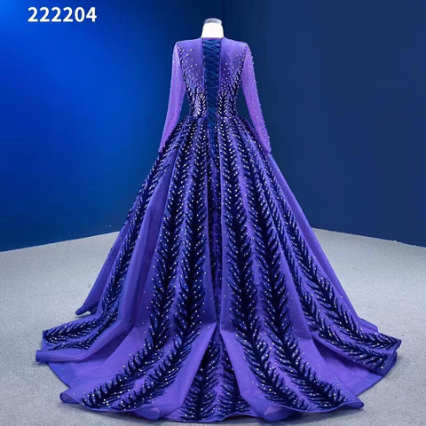 Muslim Blue Purple Luxury Beaded Appliques Lace Up Ball Gowns Wedding Dress 2025 High End Custom Made HM222204