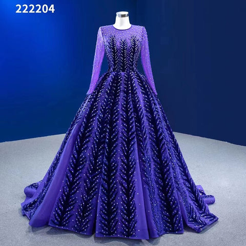 Muslim Blue Purple Luxury Beaded Appliques Lace Up Ball Gowns Wedding Dress 2025 High End Custom Made HM222204