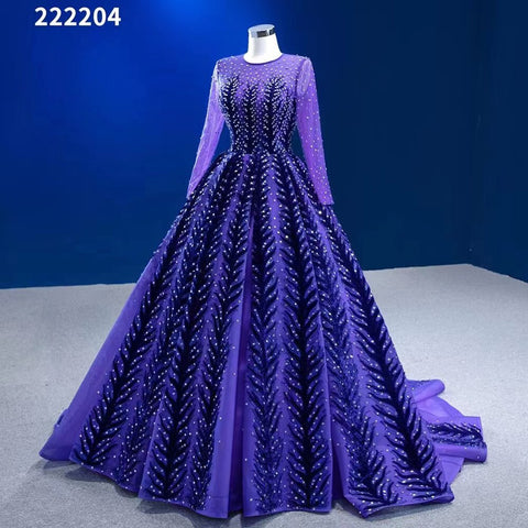 Muslim Blue Purple Luxury Beaded Appliques Lace Up Ball Gowns Wedding Dress 2025 High End Custom Made HM222204