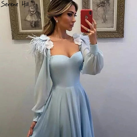 Muslim Blue Simple Evening Dresses Gowns 2025 Chiffon Ostrich Feather A-Line For Women Party HA2217
