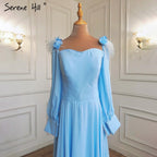 Muslim Blue Simple Evening Dresses Gowns 2025 Chiffon Ostrich Feather A-Line For Women Party HA2217