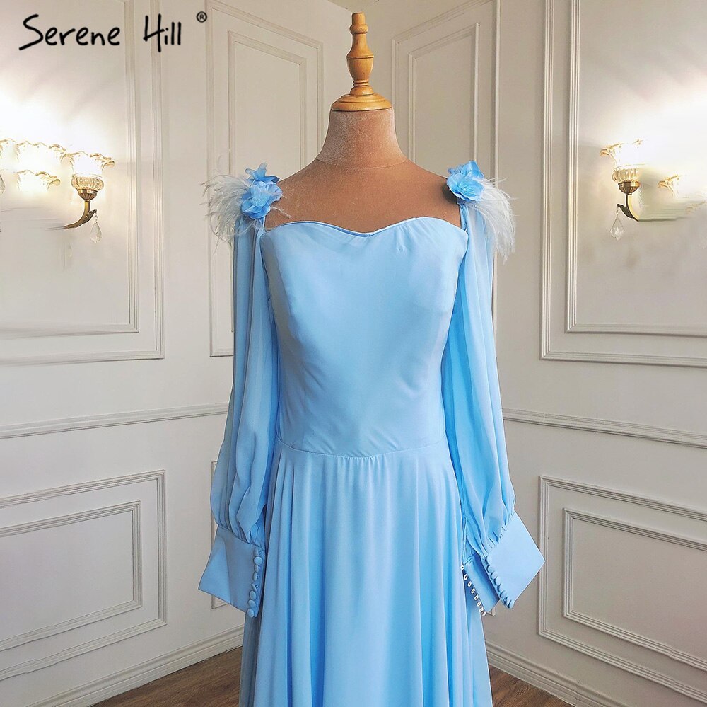 Muslim Blue Simple Evening Dresses Gowns 2025 Chiffon Ostrich Feather A-Line For Women Party HA2217