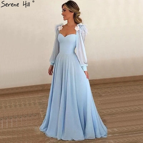 Muslim Blue Simple Evening Dresses Gowns 2025 Chiffon Ostrich Feather A-Line For Women Party HA2217