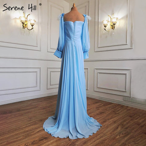 Muslim Blue Simple Evening Dresses Gowns 2025 Chiffon Ostrich Feather A-Line For Women Party HA2217