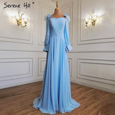 Muslim Blue Simple Evening Dresses Gowns 2025 Chiffon Ostrich Feather A-Line For Women Party HA2217