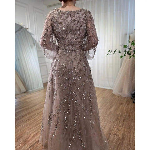 Muslim Caramel A Line Beaded Luxury Dubai Long Evening Dresses Gowns For Women Wedding Party 2025 LA71653A