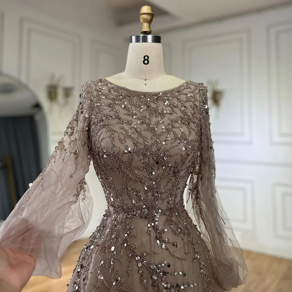 Muslim Caramel A Line Beaded Luxury Dubai Long Evening Dresses Gowns For Women Wedding Party 2025 LA71653A