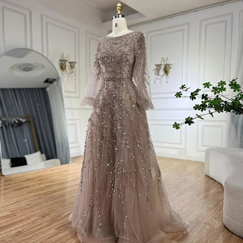 Muslim Caramel A Line Beaded Luxury Dubai Long Evening Dresses Gowns For Women Wedding Party 2025 LA71653A