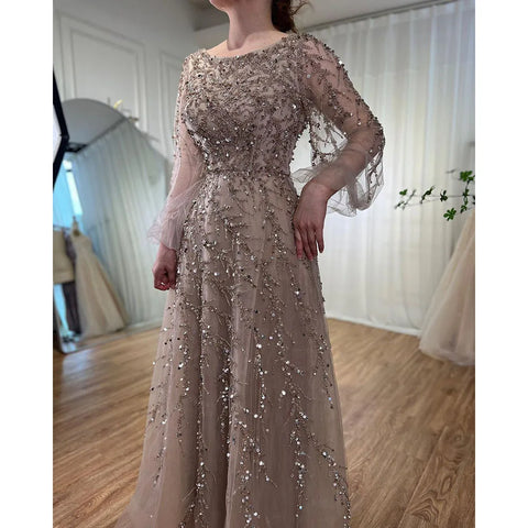 Muslim Caramel A Line Beaded Luxury Dubai Long Evening Dresses Gowns For Women Wedding Party 2025 LA71653A