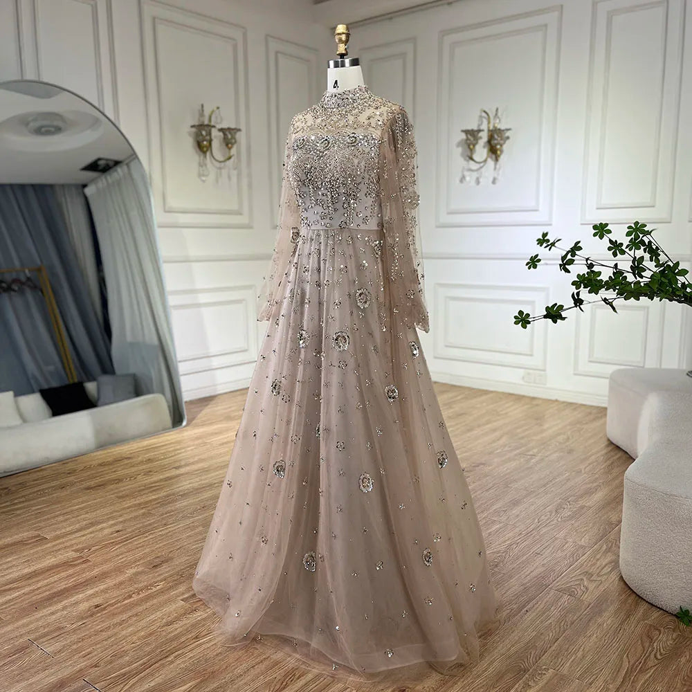 Muslim Nude A-Line Beaded Luxury Elegant Dubai Evening Gown Wedding Party LA72594