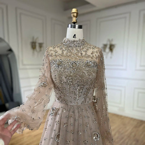 Muslim Nude A-Line Beaded Luxury Elegant Dubai Evening Gown Wedding Party LA72594