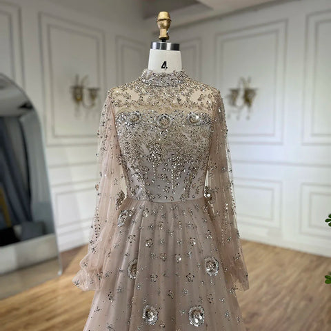 Muslim Nude A-Line Beaded Luxury Elegant Dubai Evening Gown Wedding Party LA72594