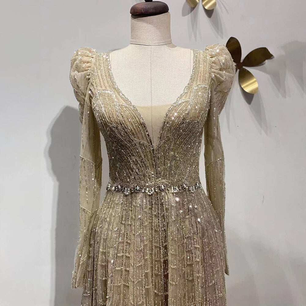 Muslim Caramel  A Line V-Neck Beaded Luxury Dubai Long Evening Dresses Gowns 2025 For Women Wedding Party LA71940
