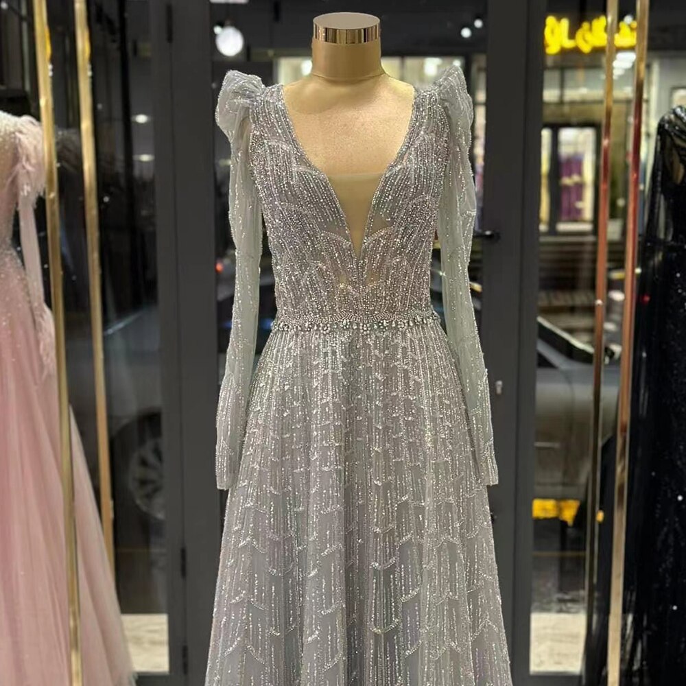 Muslim Caramel  A Line V-Neck Beaded Luxury Dubai Long Evening Dresses Gowns 2025 For Women Wedding Party LA71940