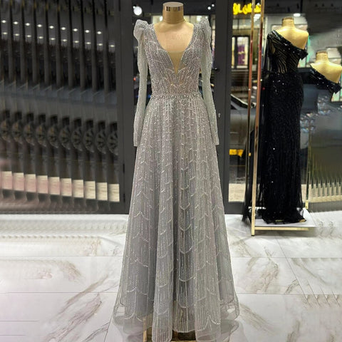 Muslim Caramel  A Line V-Neck Beaded Luxury Dubai Long Evening Dresses Gowns 2025 For Women Wedding Party LA71940